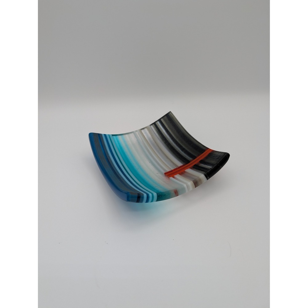 Signed Fused Art Glass Plate Matte Striped Blue Grey Trinket‎ Dish Decor MCM 5"